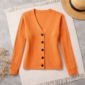 Talbots Petites Small Orange Ribbed Knit Cardigan Sweater Button‎ Front